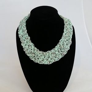 Turquoise and Silver Glass Bead Woven Necklace